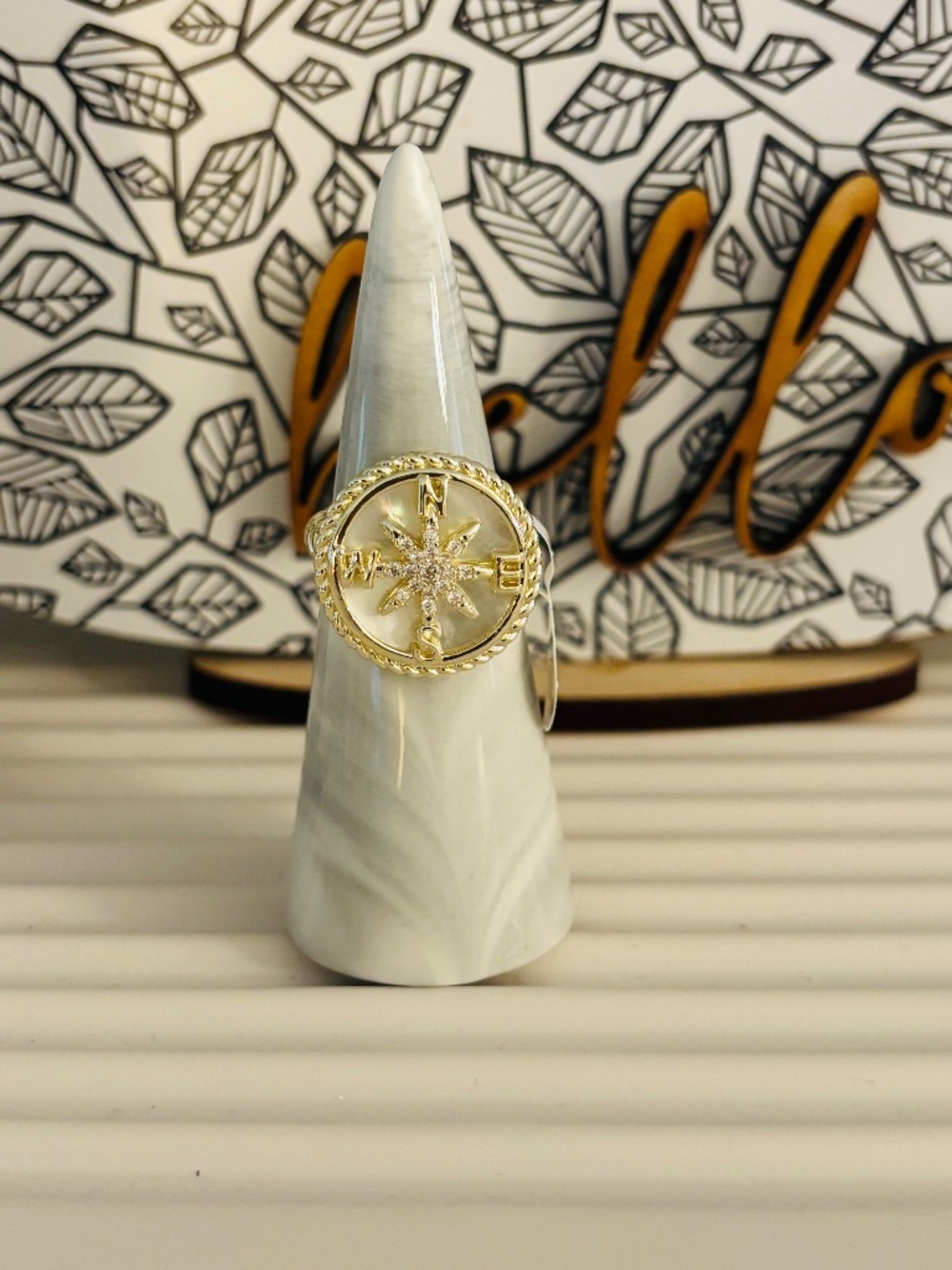 Mother of Pearl and CZ Compass Gold Ring